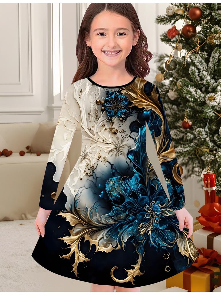 Girls' Autumn and Winter Fashion Dress, 3D Print Round Neck Long Children's T-shirt Dress, Casual Versatile, Christmas Clothing