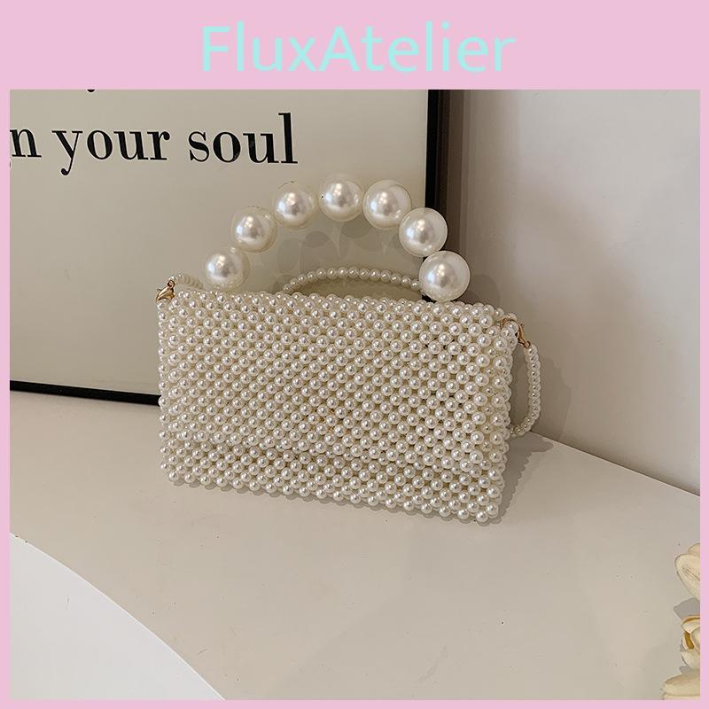 Beading Handwoven Lady Girl Travel Mini Bag Pearl Decor Magnetic Closure Flap