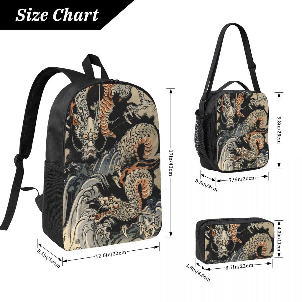 Utagawa Kuniyoshi - Dragons Backpack Student BookBag School Bag Laptop Shoulder Bags 3ps Insulated Lunch Bag Pencil Case