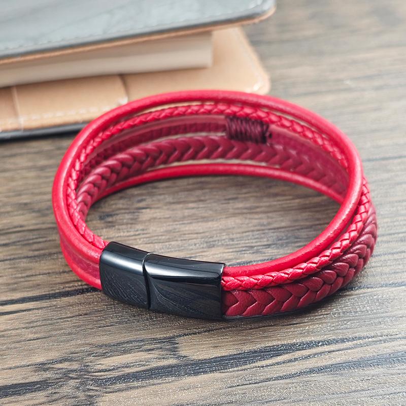 High Quality 4  Color Men Stainless Steel Magnetic Clasp Bracelet Red Multi-layer Braided Leather Wristband Fashion Punk Jewelry