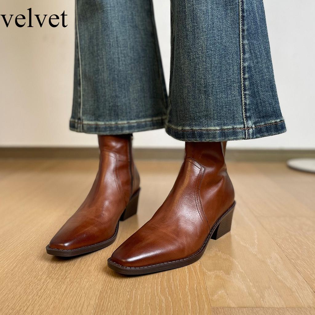 Bootie Women's 2025 New Retro Washed Cowhide Small Square Head Thick Heel Western High Heel Boots British Brown Women's Ankle