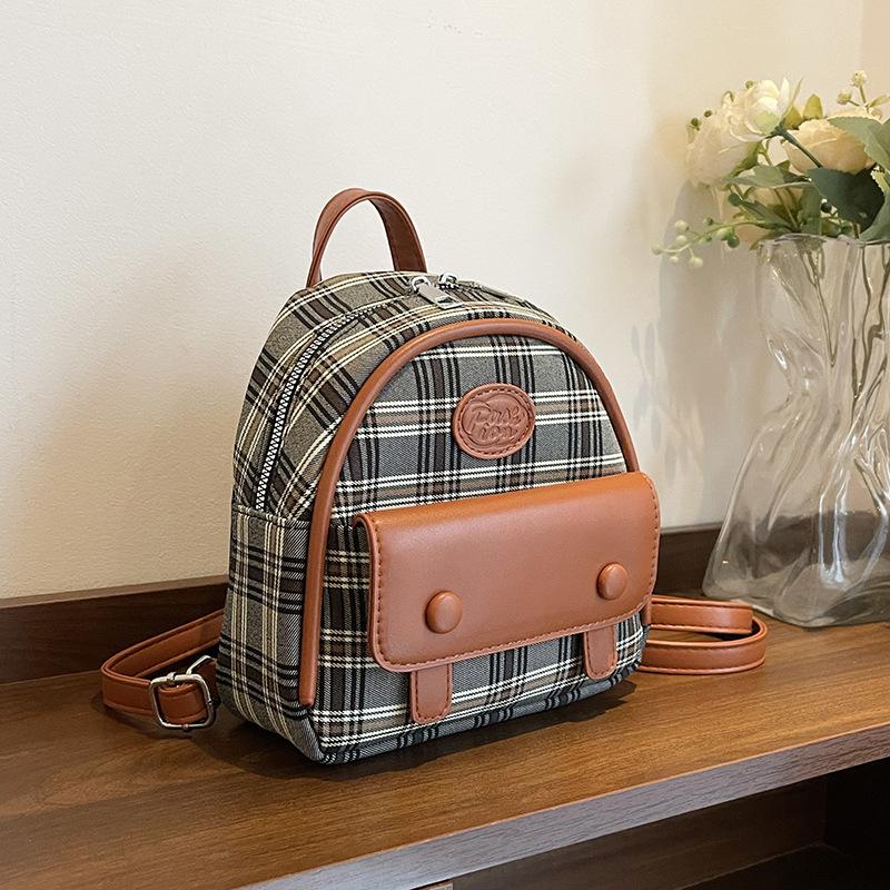 Korean Version of Fashion Portable Small Bag Women 2025 New Canvas Plaid Backpack Retro Premium Casual Backpack