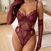 Lace Sheer Bodysuit With Long Mesh Gloves Set Women Elegant Seductive Lingerie Outfit