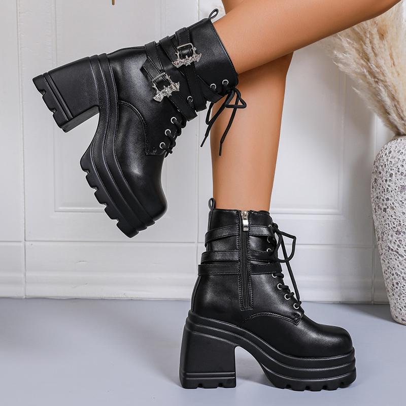 Fashion Chunky High Heel Ankle Boots Women 2025 Thick Platform Punk Gothic Boots Woman Fashion Buckle Lace Up Motorcycle Botas Mujer