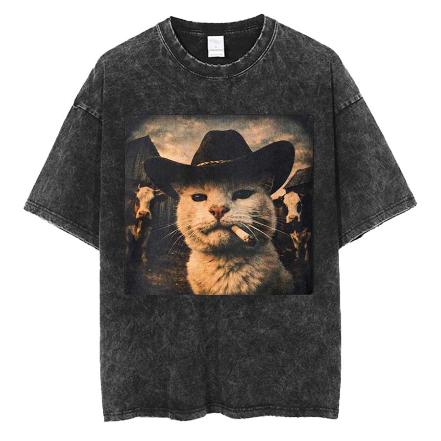 T-shirt Oversize Gatto Cowboy Vintage che Fuma Sigaretta 100% Cotone T-shirt Lavata Vintage per uomo donna hiphop streetwear 0420-3
