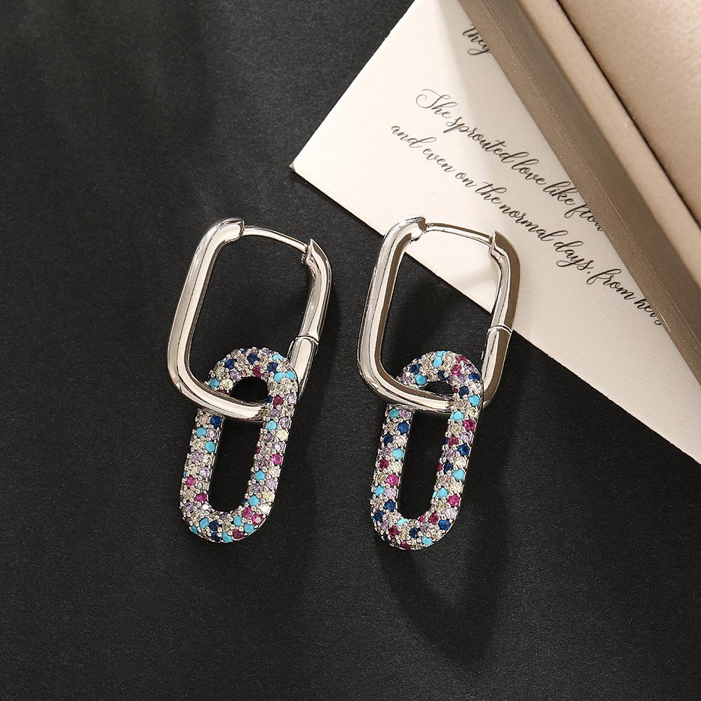 Elegant Colorful Geometric Rectangle Hoop Earrings Woman Accesories Statement Square Zircon Dangle Earings Trend Zircon Gift