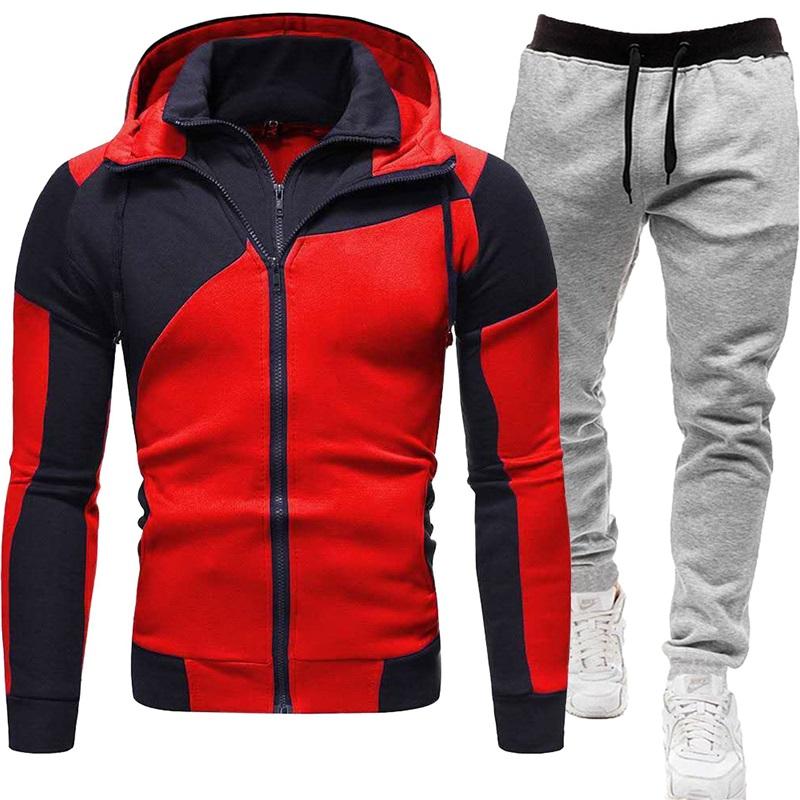 Men's Tracksuit 2Pcs Set Patchwork Color Hooded Jacket  Sweatpants Casual Sportswear Zipper Hoodie Jogger Pants For Men Daily Running Training