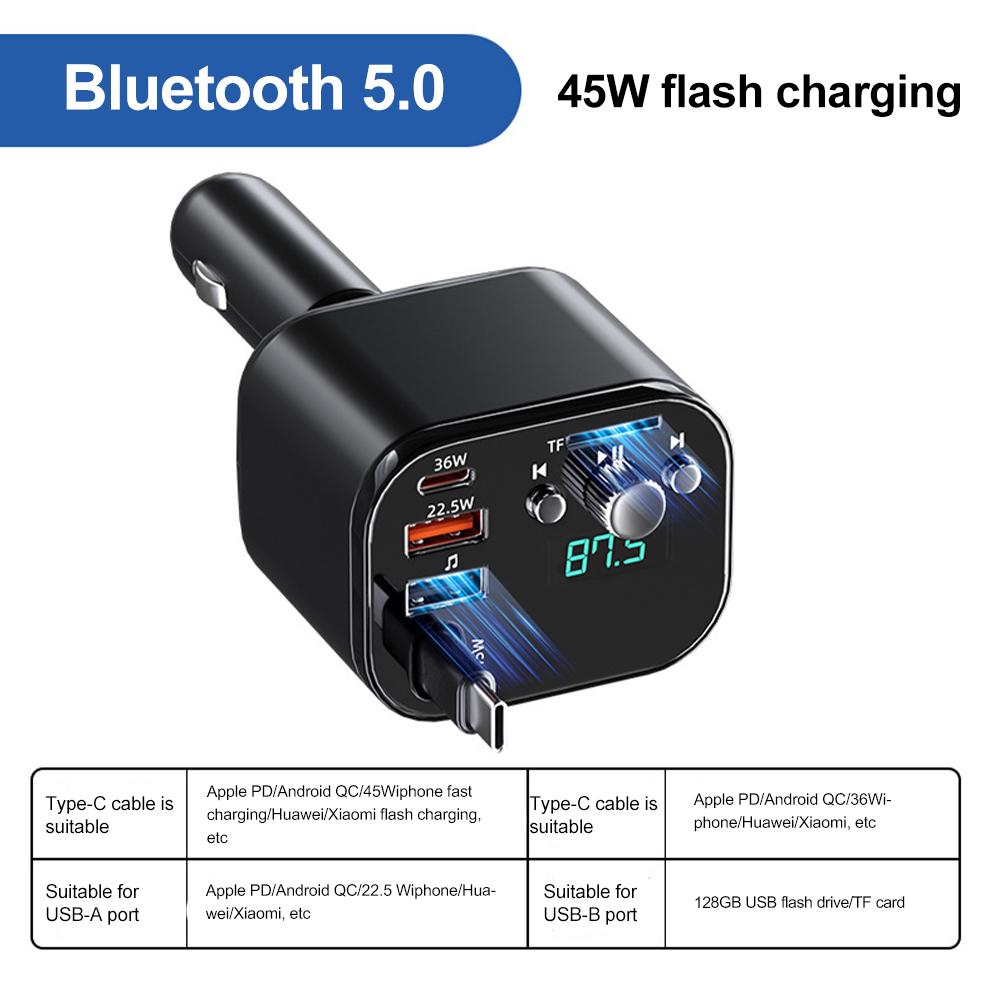Car Bluetooth 5.0 FM Transmitter PD TypeC with Retractable Cable Fast Charger Handsfree Car Kit Mp3 Player Car Cigarette Lighter