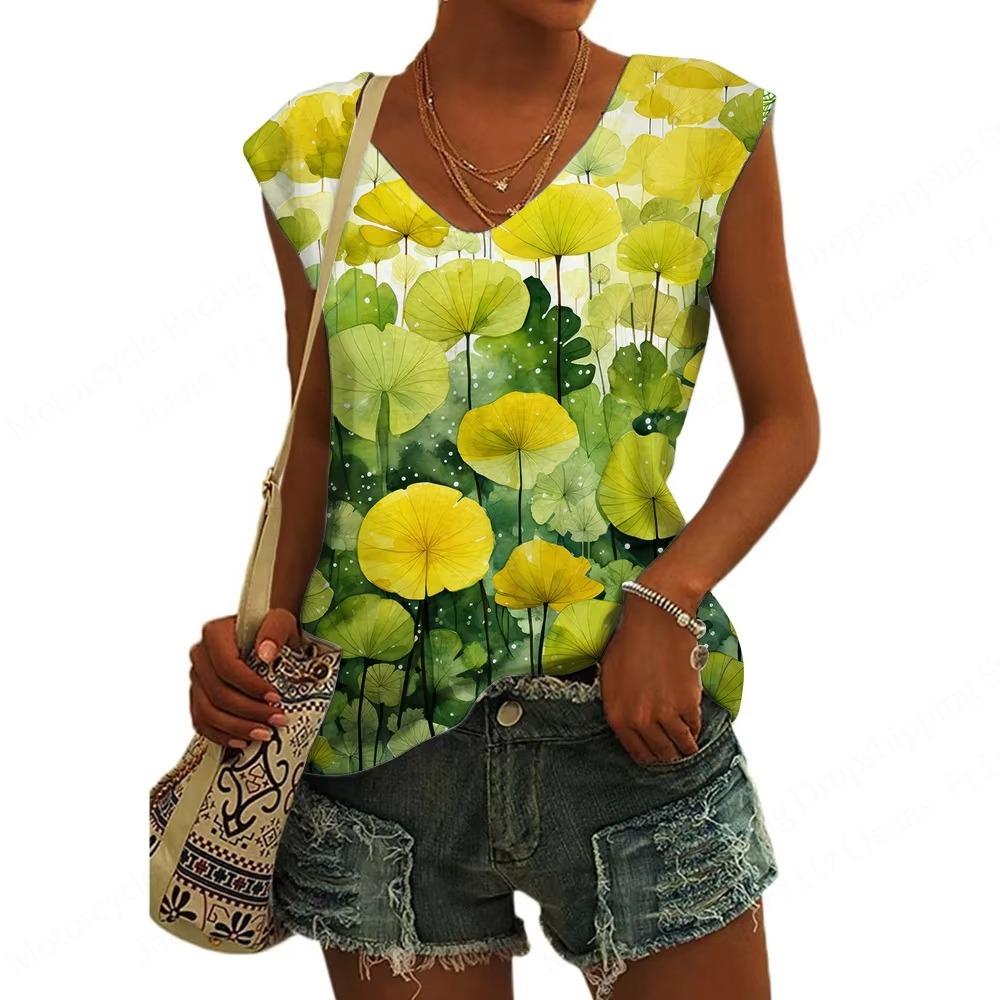 New Fashion Women's Tanks Top Floral Pattern 3d Print Tank Tops Flower Camisole Women Fashion V-Neck Short Sleeve Tops Tees Lady