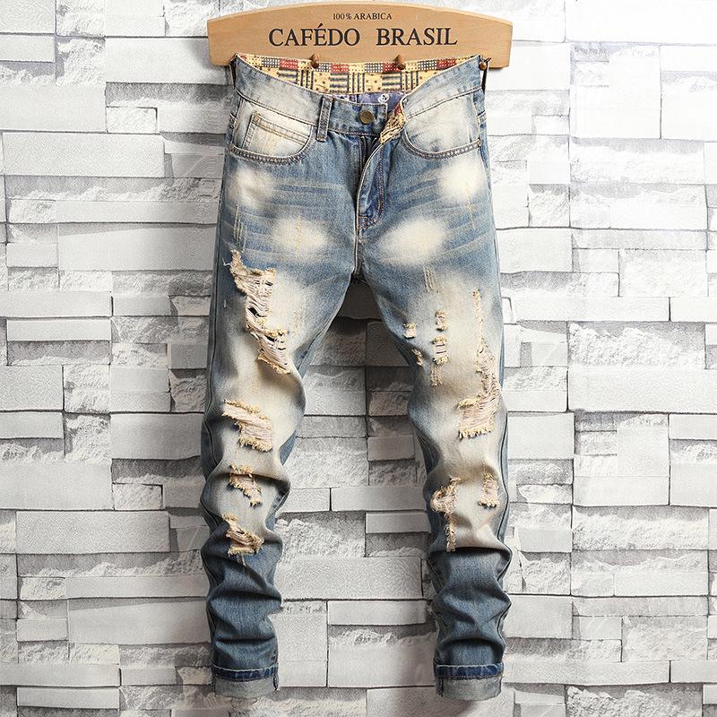 2025 Retro Washed Denim Jeans - Men's American High Street Style, PUNK Slim Fit, Straight Leg, Long Pants