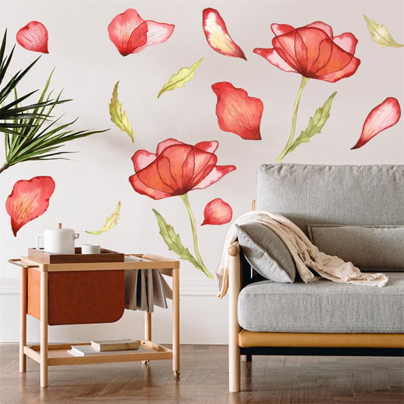 4sheets/set Wall  Stickers Of Removable Poppy Watercolor Inkjet For Bedroom Living Room Decoration