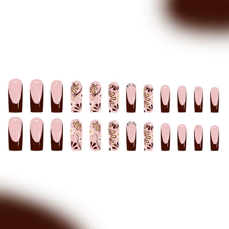 Glossy French Floral Press On Nail 24PCS Long Coffin Shape Nail Tips Autumn Brown False Nail Not Need Tools For Women