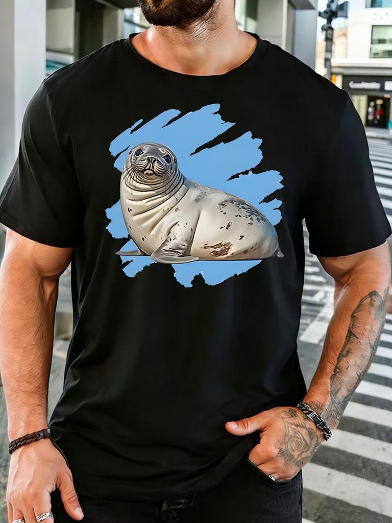 Ocean Seal Blue Brush Stroke Graphic Unisexs Crew Neck Short Sleeve Cotton T Shirt Marine Wildlife Print Male Daily Casual Tee