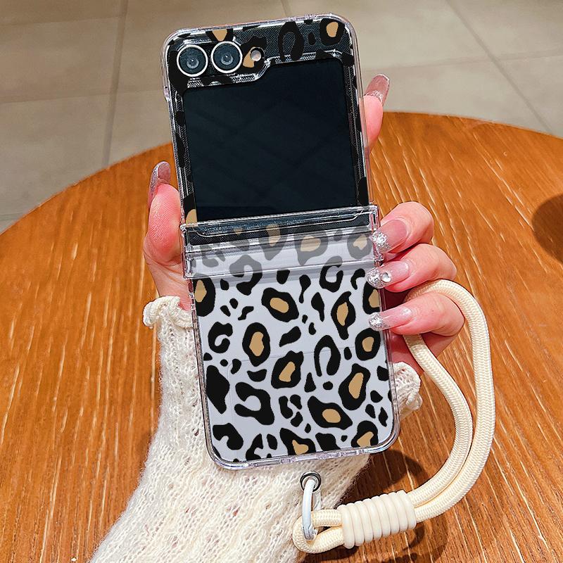 Leopard Print Lanyard Phone Case For Samsung Galaxy Z Flip 7 FE 6 5 4 3 5G Folding Hard PC Clear Cover For Samsung Z Flip7 Flip6