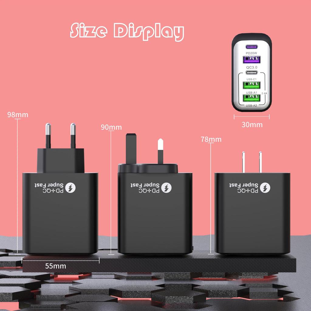 Certified 38W Multi-Port Fast Charger: 3 USB + 2 Type-C, Full Protocol Travel Charger for Mobile Phones With Flash/Fast Charging