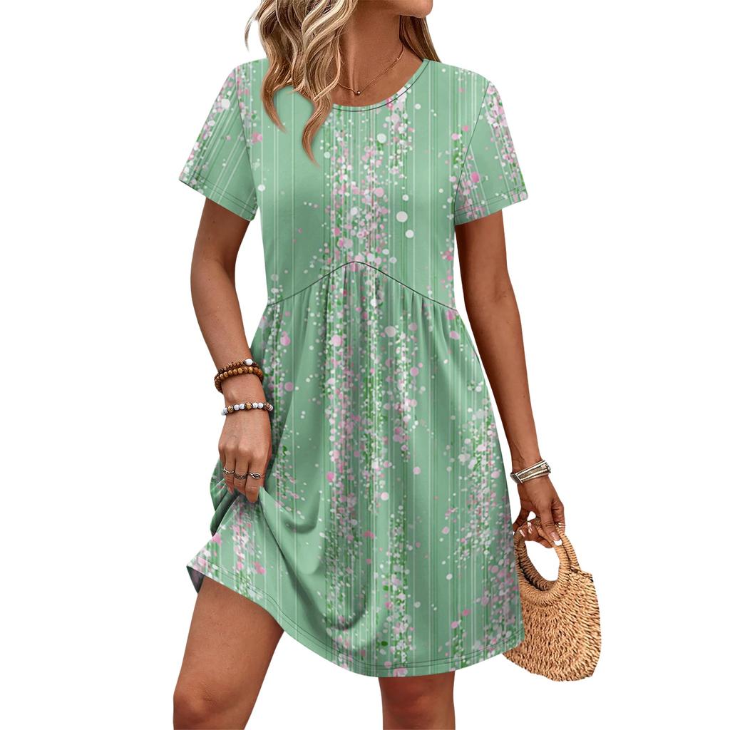 Women Short Sleeve Floral Print Dress Casual Round Neck Waist Tie with Pockets Lightweight Relaxed Fit Summer Dress
