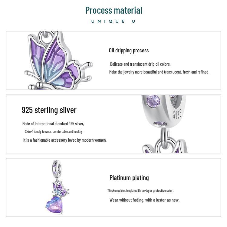 S925 Silver Gradient Purple Butterfly Pendant Bracelet