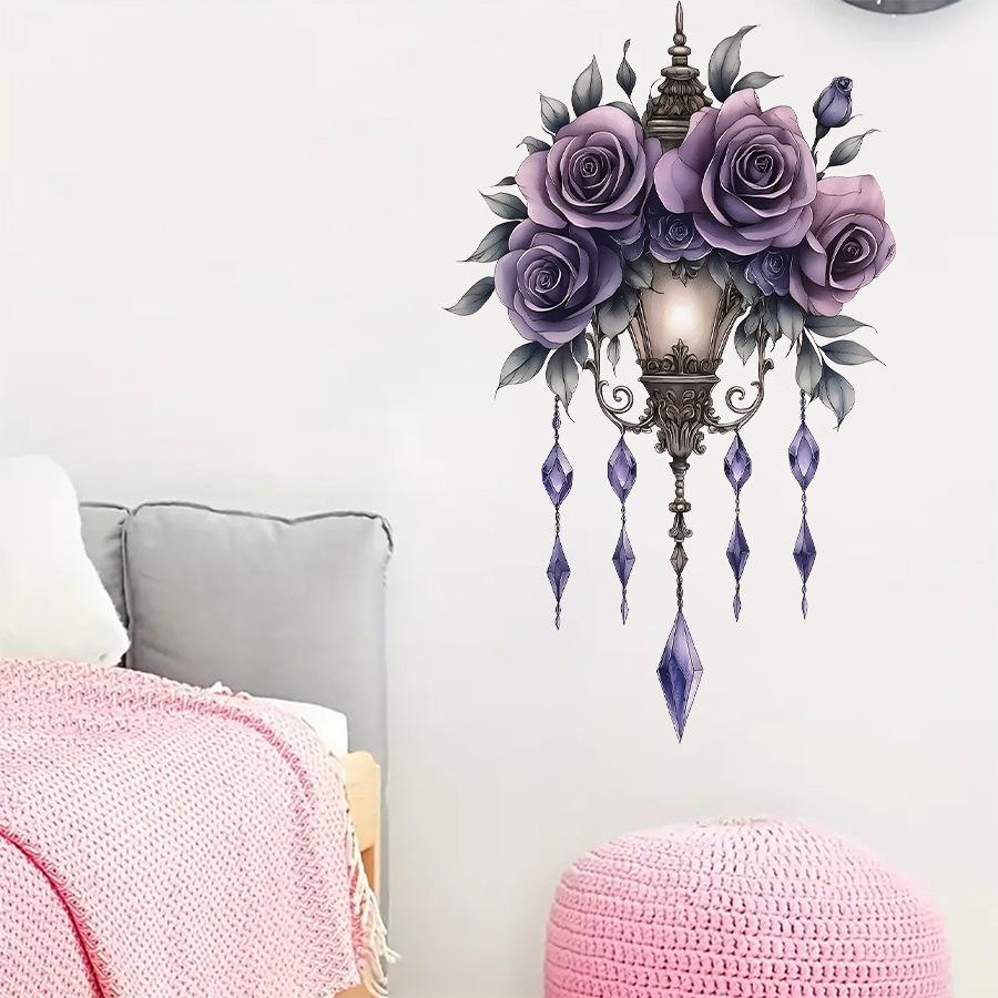 Cartoon Aesthetic Purple Floral Chandelier Wall Stickers, Self-Adhesive Girly Room Decor Decals