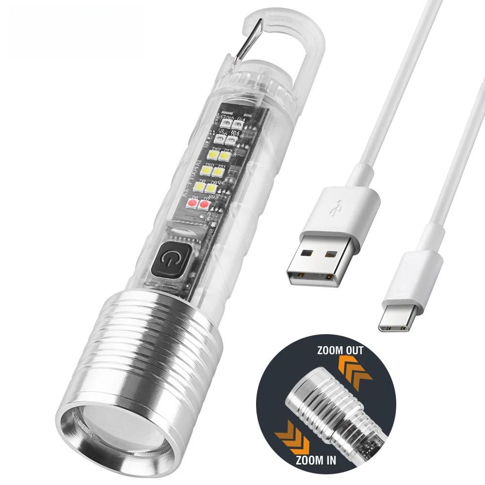 Mini Flashlight Keychain Super Bright Zoom Rechargeable Torch Outdoor Emergency Camping Fishing Work Lights UV Tiki Lamp
