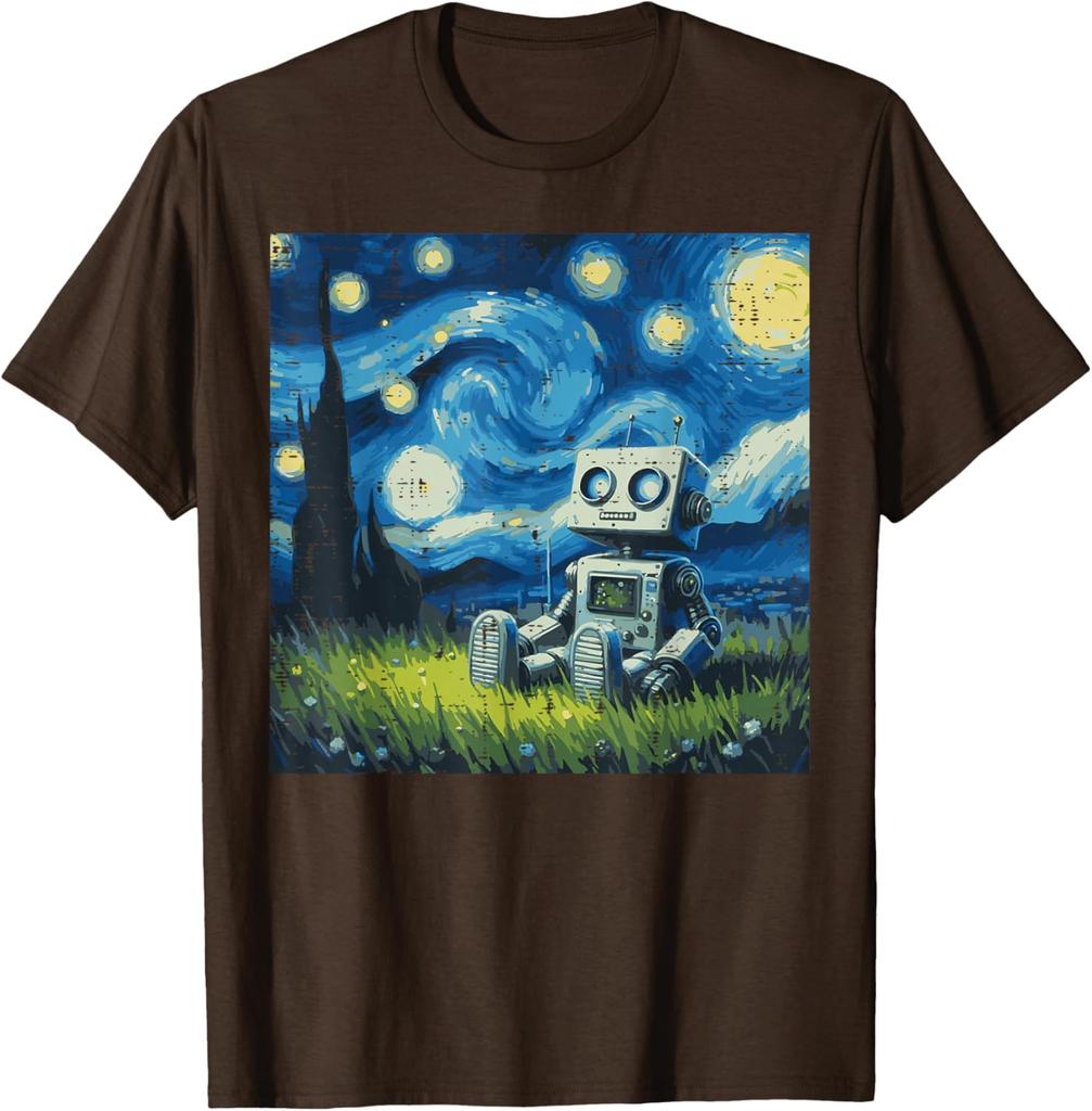 Starry Night Robot Graphic Tee Cotton Round Neck Casual TShirt Art Painting Print Tops for Men Women