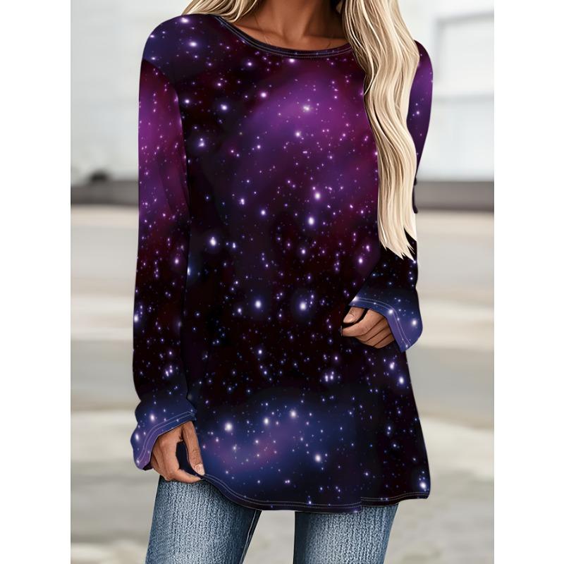 Fashionable Starry Tie Dye Gradient Print Casual Round Neck Long Sleeved T-shirt Casual Long T-shirt Top