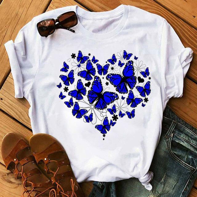 Women T Shirt Butterfly Heart Print T Shirt Female Summer Casual Cute Graphic Tee Tops Women Summer Funny Harajuku T-Shirts Tops