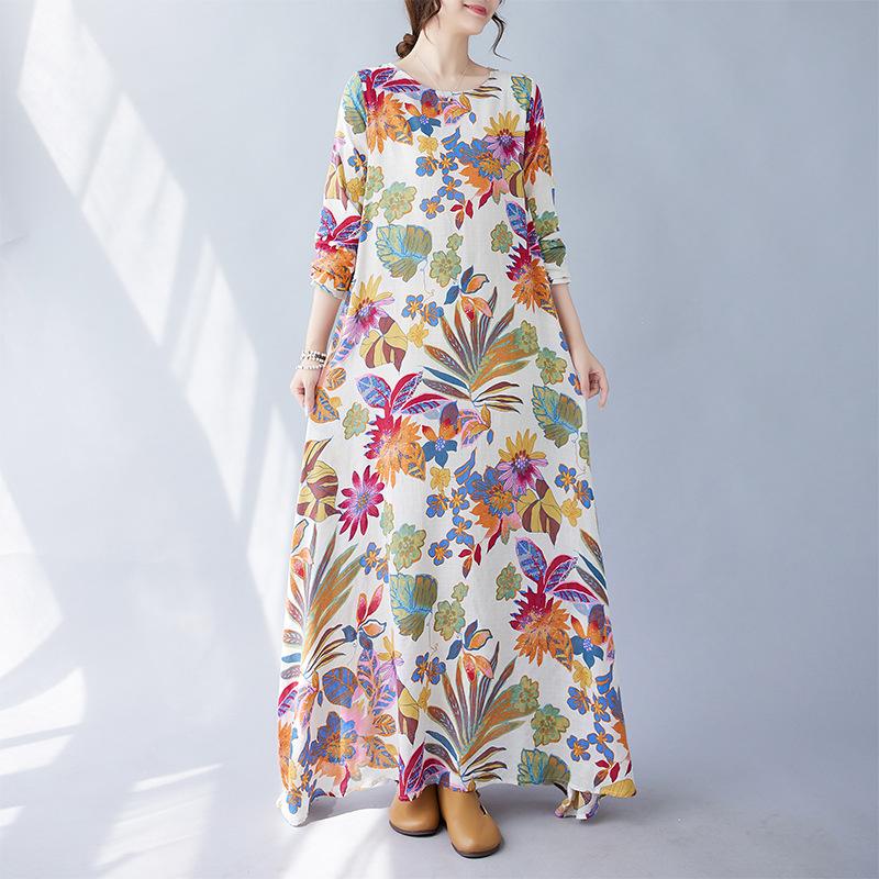 Real autumn new literary large size loose printing round neck long sleeve dress women's long dress