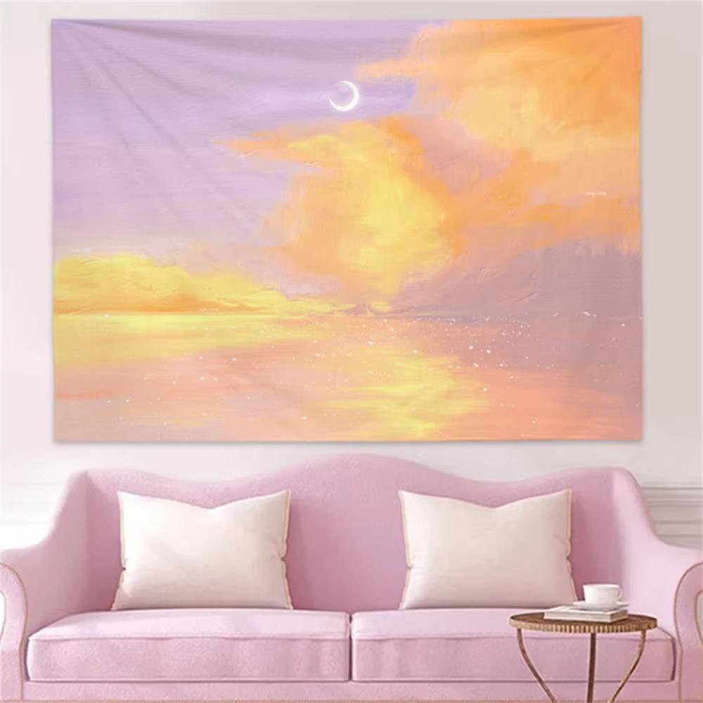Gradient Sunset Tapestry Purple-Orange Cloud Moon Fantasy Living Room Sofa Backdrop Wall Room Decor 100X70CM