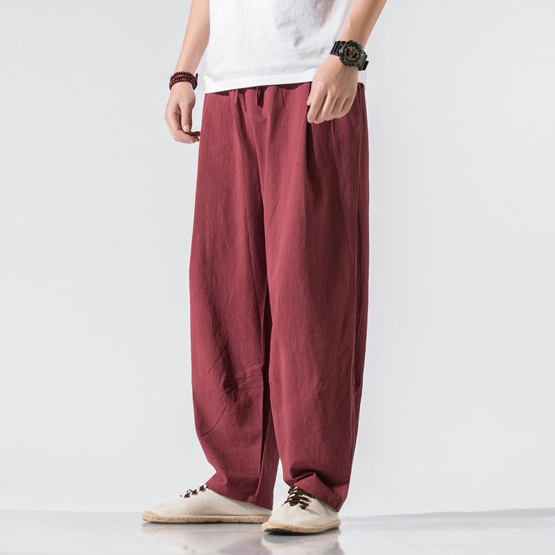 

Chinese Style Autumn Casual Loose Retro Cotton-Linen Lantern Pants XL вина червоного кольору