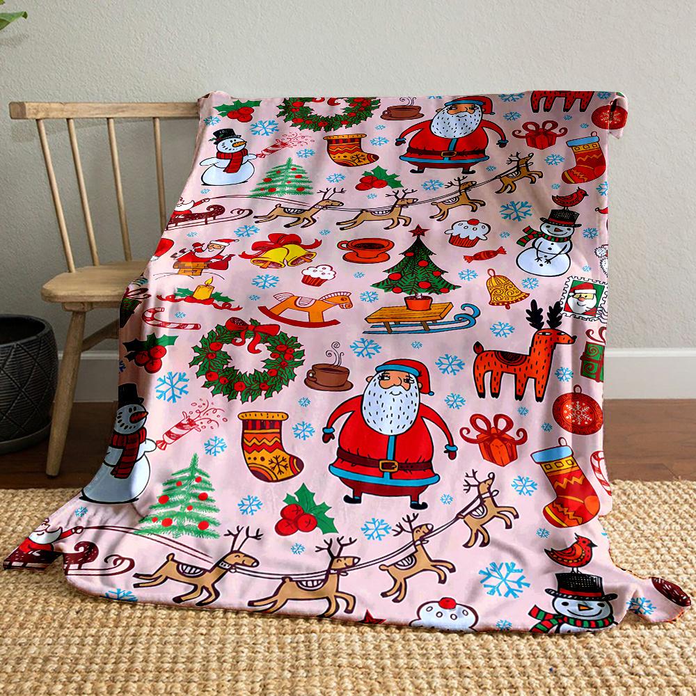 Christmas Santa Claus, Snowman, Wreath, Reindeer, and Stockings Pattern Reversible Flannel Throw Blanket - Digital Print, Soft