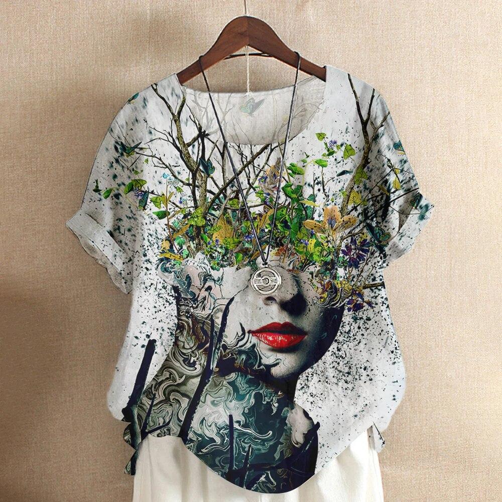 Kunst Ansikt Bluse Dame T-skjorte Mote Kortermet Tees Blomstertrykk Topper O-Hals Kule Jenter Klær Sommer Casual Genser