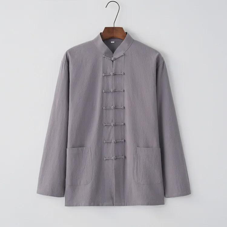 Men's Chinese-Style Tang Suit Cotton-Linen Top: Long-Sleeve Hanfu Shirt for Youth, Middle-Aged, and Elderly - Spring/Autumn Traditional Jacket