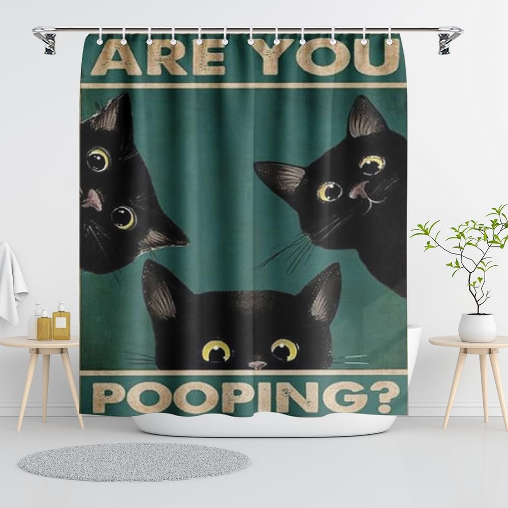 Black Cat Shower Curtain for Bathroom Bathtub,Cat Shower Curtain for Bathroom with Fabric Shower Curtains Set Waterproof 90x180CM