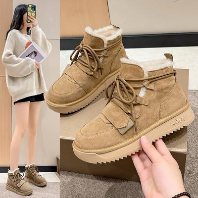 Bottes de Neige d'Hiver en Peluche pour Femmes Antidérapantes Chaudes Bottes pour Femmes à Lacets Talon Moyen Plateforme Bottes pour Femmes Bottines en Cuir Daim de Vache