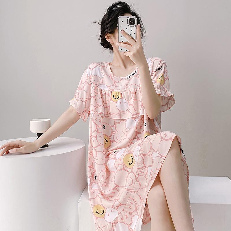 Sexy Nachtwäsche Damen Spitze Viskose Nachtkleid Kurzarm Cartoon Nachthemden Mädchen Nachthemd Einheitsgröße Nachthemd Mädchen Nachtwäsche