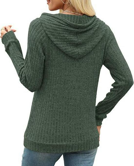 2025 Autumn/Winter Women's Solid Color Ribbed Knit Hoodie Sweater