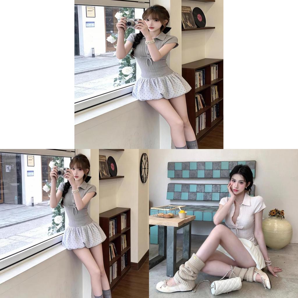 Polo Short Sleeve Puff Skirt Dress With Spliced Slim Fit For Summer Casual Wear