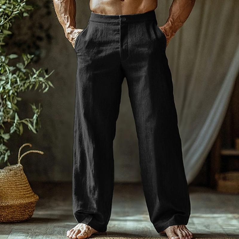 Men's Linen Summer Beach Trousers Buttoned Slanted Pockets Straight Leg Design Solid Colour Comfortable Breathable Long Trousers
