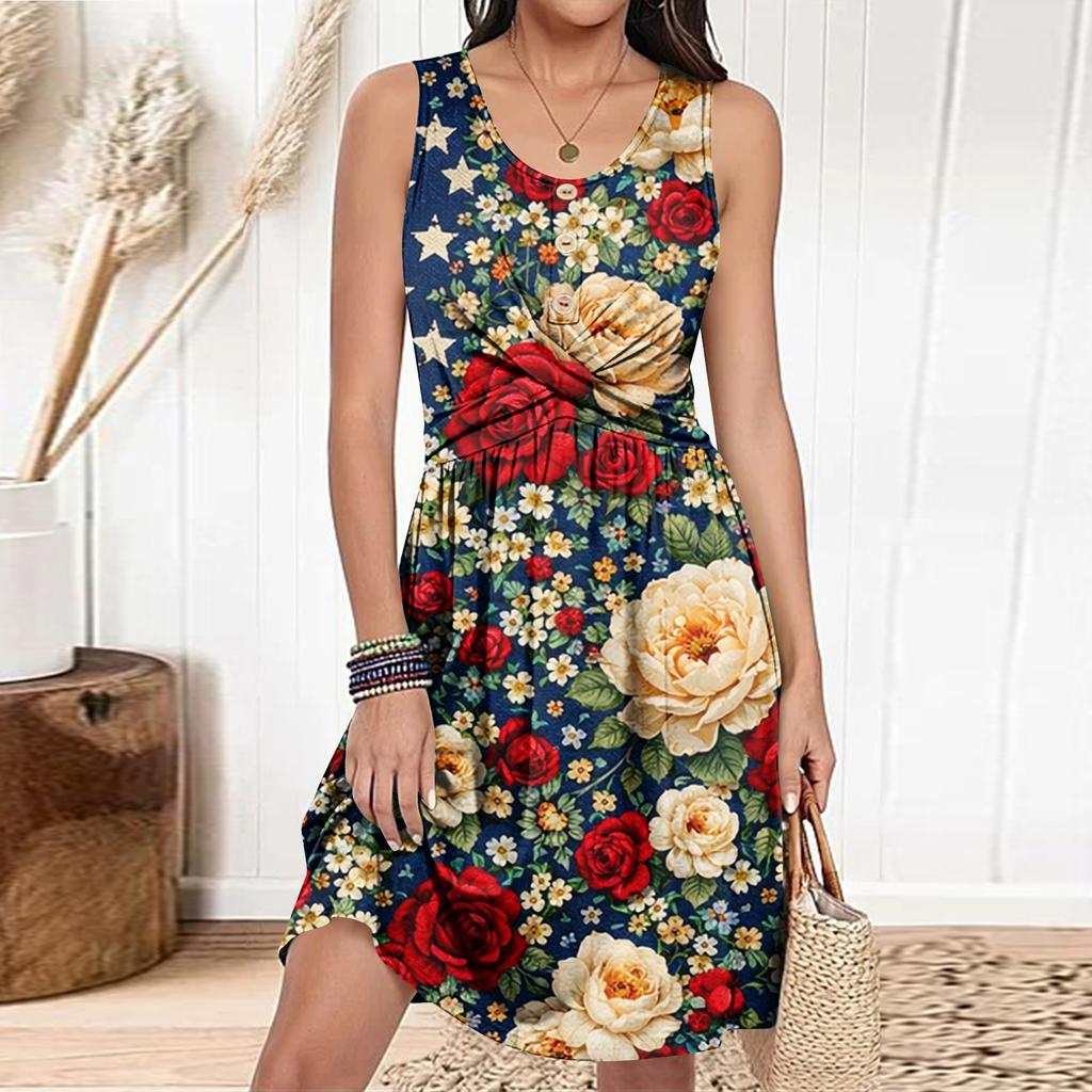 Women's Casual Fashion Dress Round Neck Sleeveless Fitted Dress