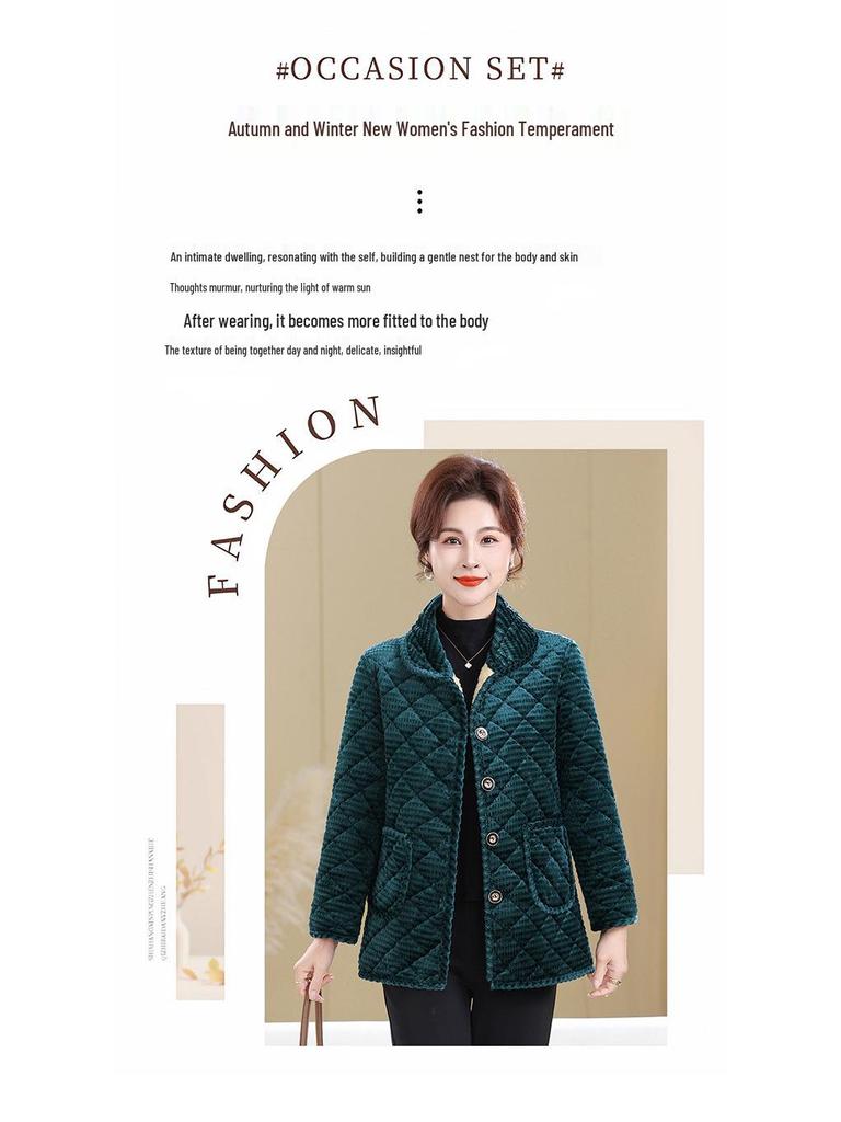 Stylish Plus Size Corduroy Fleece-Lined Jacket for Middle-aged & Elderly Women