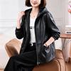 Women's Black Hooded Faux Leather Jacket Loose Fit Long Sleeve Casual Short Outerwear