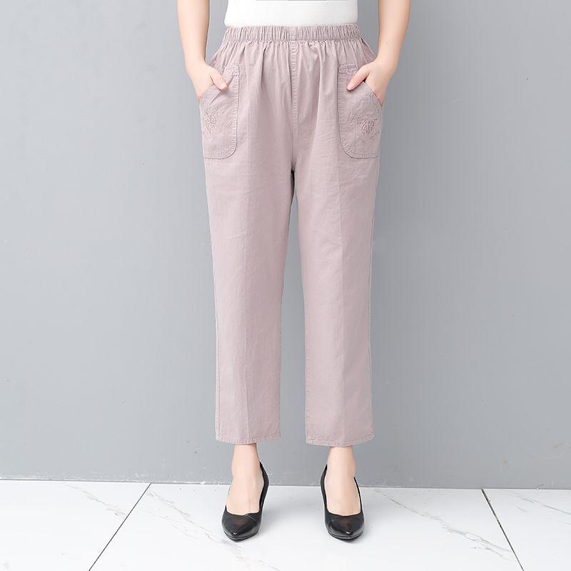 Mom's Cotton Embroidered Nine-Point Pants for Seniors, Casual Straight-Leg Pants for Spring & Autumn