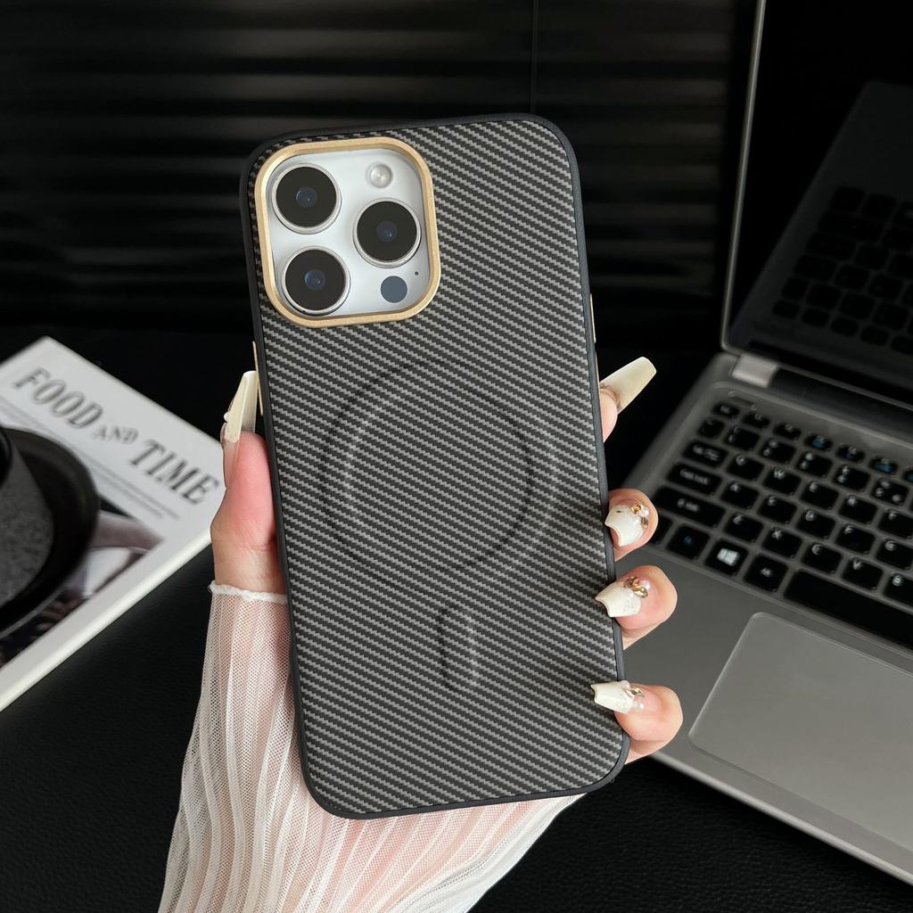 For IPhone 16 ProMax Kevlar Carbon Brazing Pattern Phone Case Magnetic for Apple 15 with Metal Lens Ring