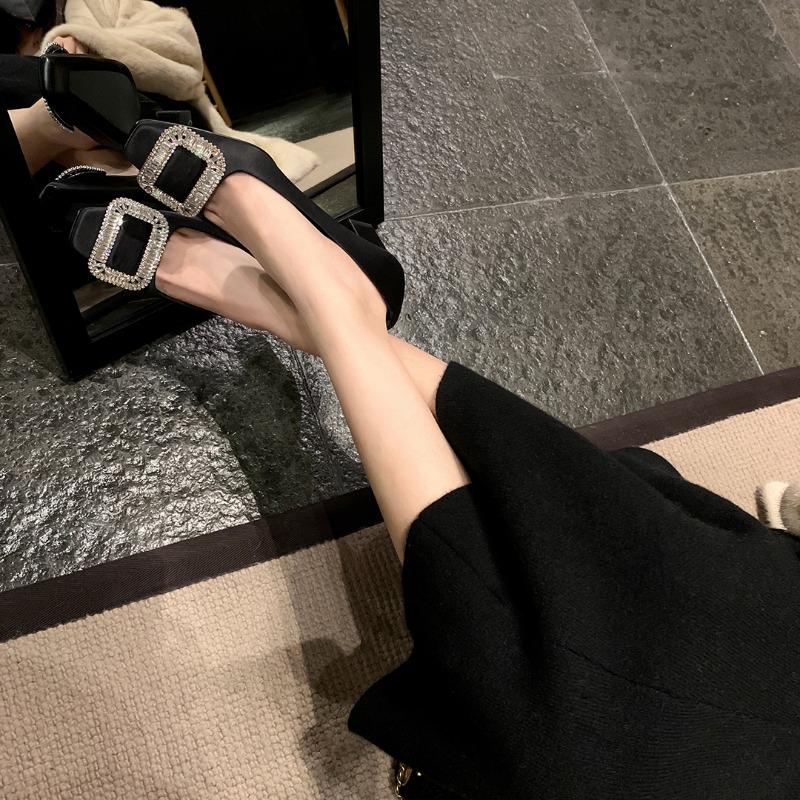 [] Dinner Party~ Silk Satin Rhinestone Square Buckle Shallow Mouth Middle Heel Square Head Single Shoes Women's Wedding Shoes