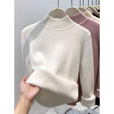 Hiver demi-col roulé intégré polaire épaissi chaud sous-vêtement haut simple tempérament femme pull tricoté doux cireux