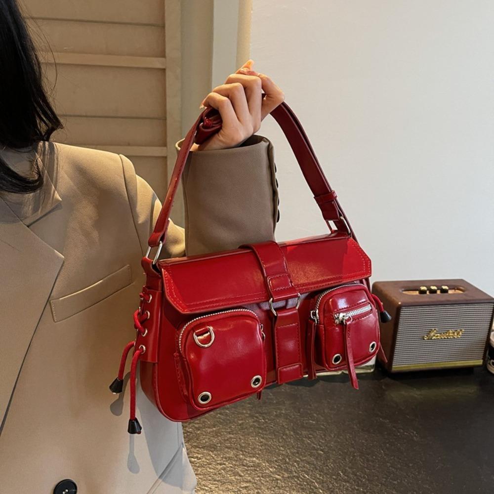 

PU Leather Shoulder Bag Harajuku Underarm Handbag Elegant Spicy Girl Locomotive Bag Women s Trend червоний