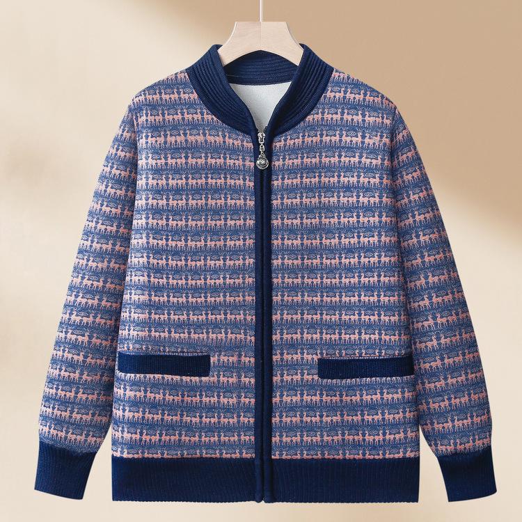 Abrigo de Invierno para Abuela Forro Polar Engrosado Cremallera Estilo Extranjero Suéter de Punto Ropa Cálida de Primavera para Madre