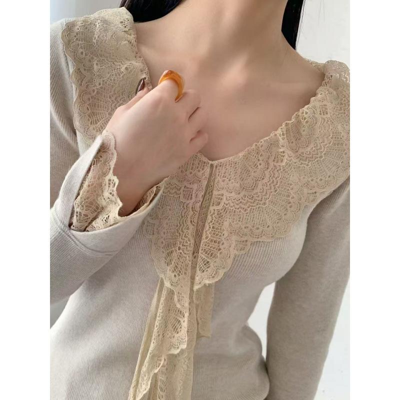 Korean Lace Lace Splicing Collar Knitted Winter Foreign Look Thin Sweet Versatile Bottoming Shirt Knitted Sweater Top