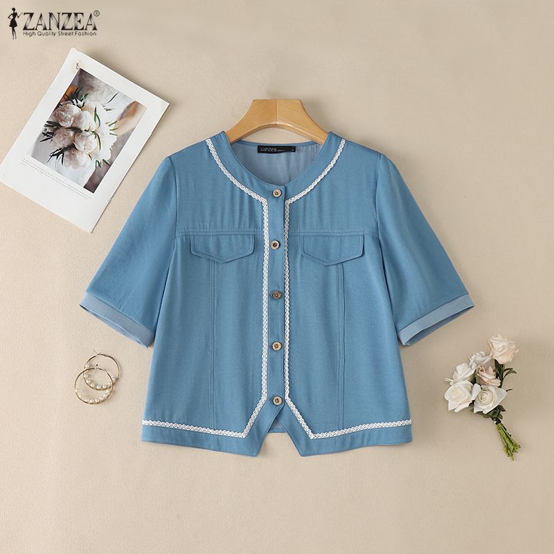 ZANZEA Women Summer V-Neck Splice Lace Casual Short Sleeve Blouse