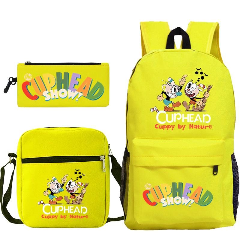 Cartoon Teacup Head Cuphead Student Backpack Oblique Span Bag Pencil Bag Primary And Secondary School Students Children'S Schoolbag Three-Piece Set